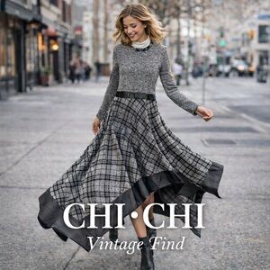 VTG CHI CHI,Asymmetric Plaid Mixed Media Knit Dress,Faux Leather-Hem,USA Size XL